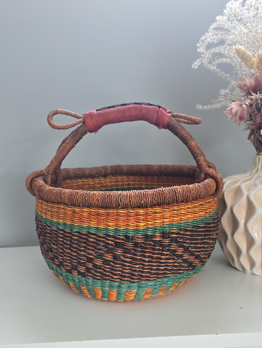 Small Handmade Woven Basket with Leather